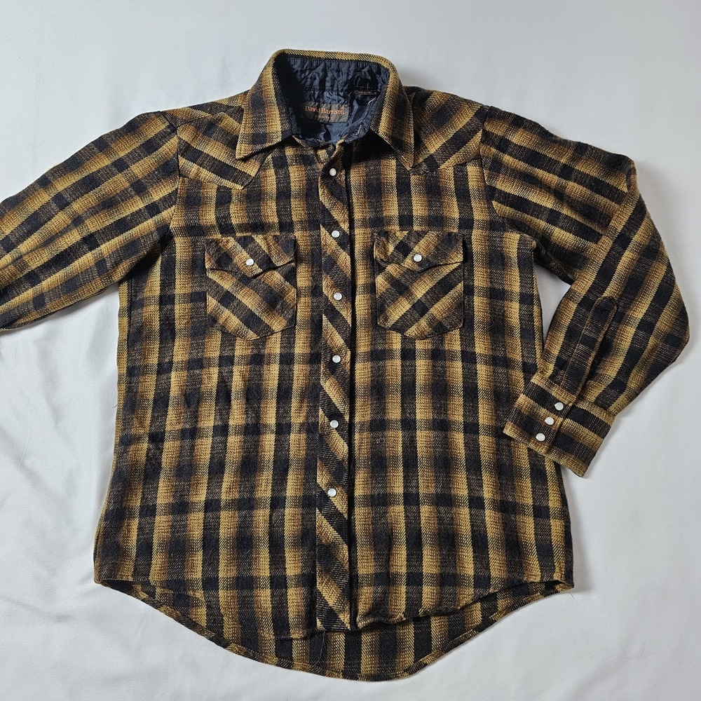 Vtg David Harrison Acrylic  Flannel Pearl Snap Shirt Gold & Black Plaid Mens M
